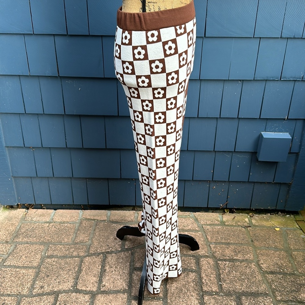 VGUC Brown/White Two-Toned Floral & Checkered Wide Leg Stretch Pants Women’s Lg - Picture 6 of 10
